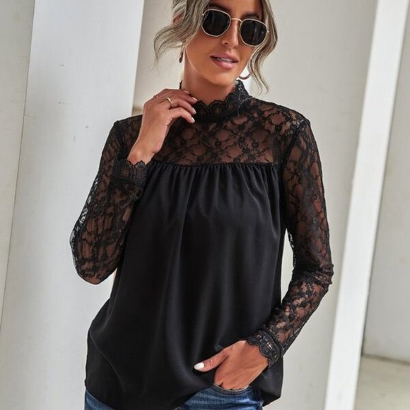 Contemporary Lace Insert Mock Neck Blouse top Blac - Picture 3 of 6